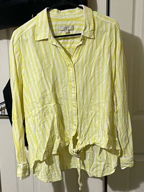 LOFT Yellow and White Striped Button-Front Tie-Hem Shirt